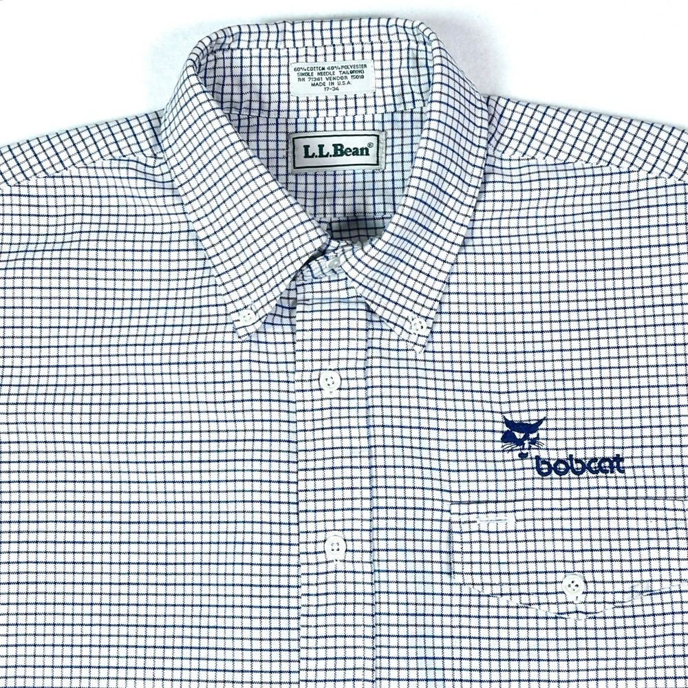 VTG LL Bean Bobcat Shirt Mens Large Plaid 90s Heritage Button Up USA Blue 17-34